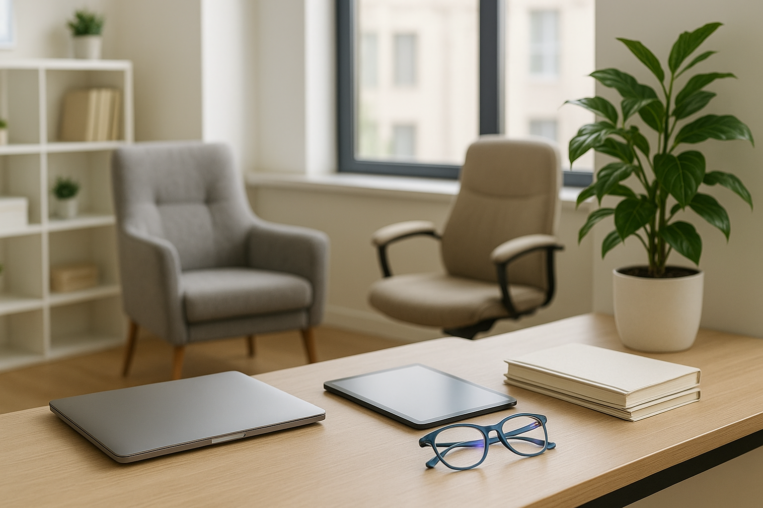 Ambiente de consultório elegante com mesa organizada, laptop fechado e óculos de proteção digital.